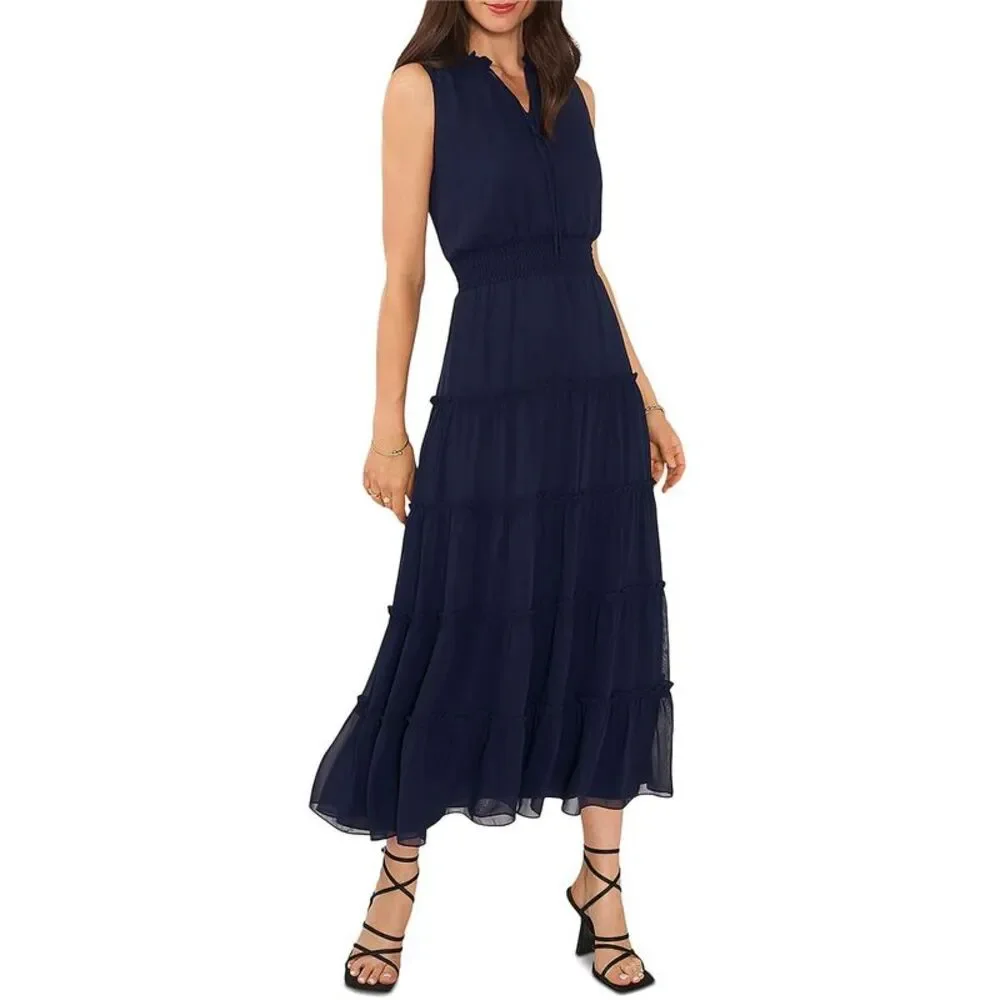 1.State Womens Navy Smocked Polyester Midi Dress Imperfections